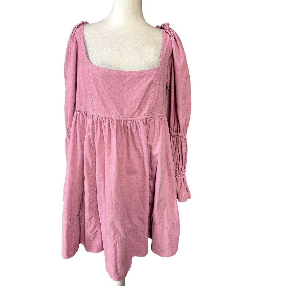 Pilcro Dress Womens XL Pink Corduroy Square Neck Puff Sleeve‎ Swing Boho Mini